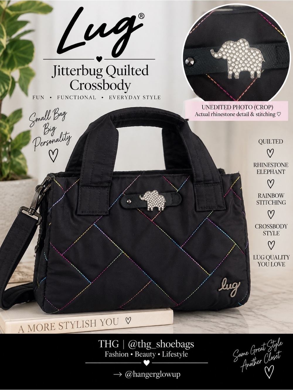 Lug Jitterbug Black Quilted Convertible Crossbody Tote Elephant Charm
